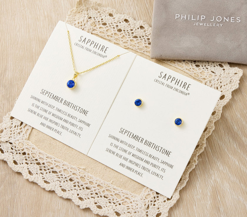 Gold Plated September (Sapphire) Birthstone Necklace & Earrings Set Created with Zircondia® Crystals