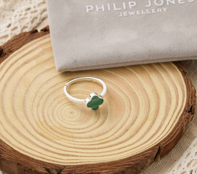 Green Aventurine Gemstone Adjustable Clover Ring