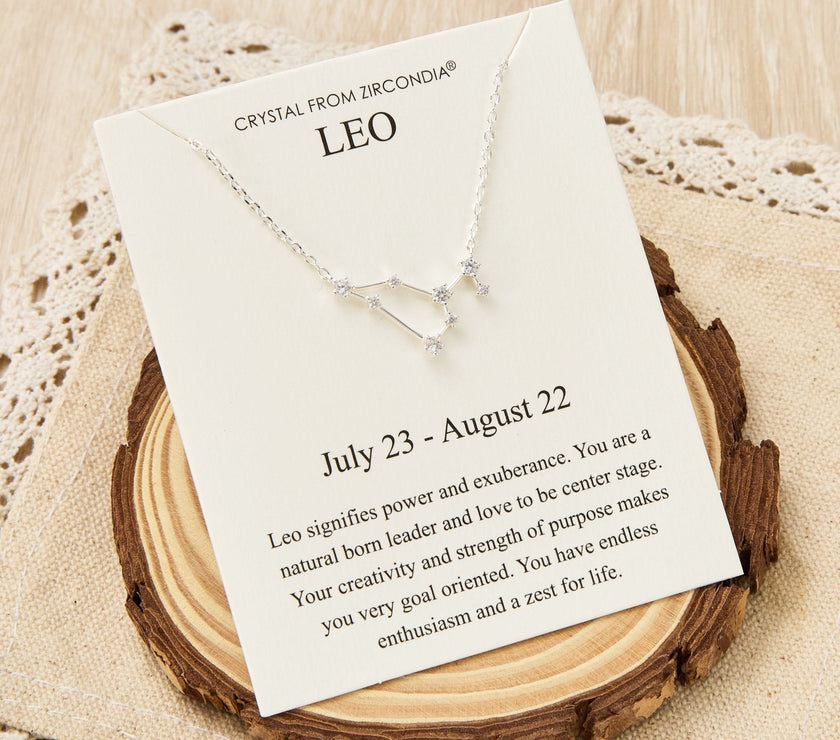 Leo Star Sign Zodiac Constellation Necklace and Quote Card with Zircondia® Crystals