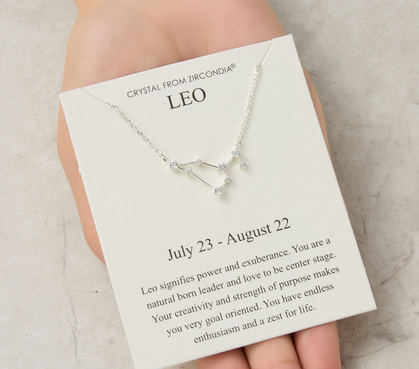 Leo Star Sign Zodiac Constellation Necklace and Quote Card with Zircondia® Crystals