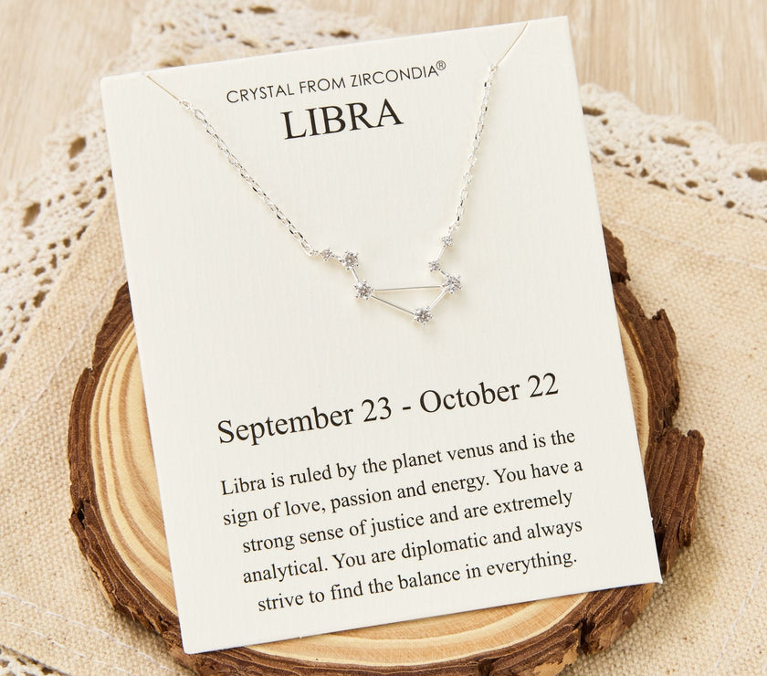 Libra Star Sign Zodiac Constellation Necklace and Quote Card with Zircondia® Crystals