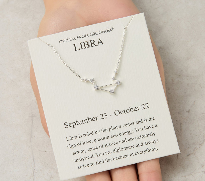 Libra Star Sign Zodiac Constellation Necklace and Quote Card with Zircondia® Crystals