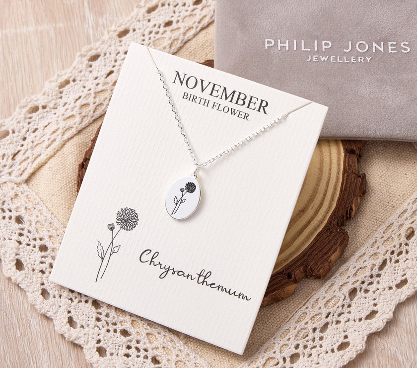 November Birth Flower Chrysanthemum Necklace with Card