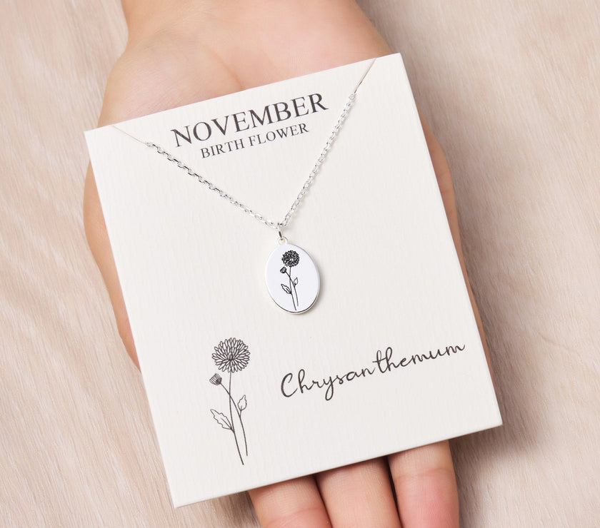 November Birth Flower Chrysanthemum Necklace with Card