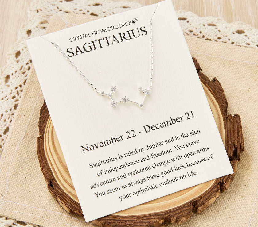 Sagittarius Star Sign Zodiac Constellation Necklace and Quote Card with Zircondia® Crystals