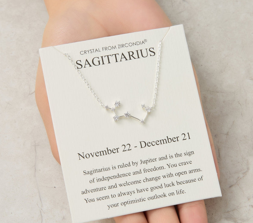 Sagittarius Star Sign Zodiac Constellation Necklace and Quote Card with Zircondia® Crystals