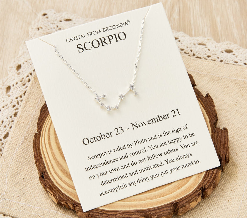 Scorpio Star Sign Zodiac Constellation Necklace and Quote Card with Zircondia® Crystals