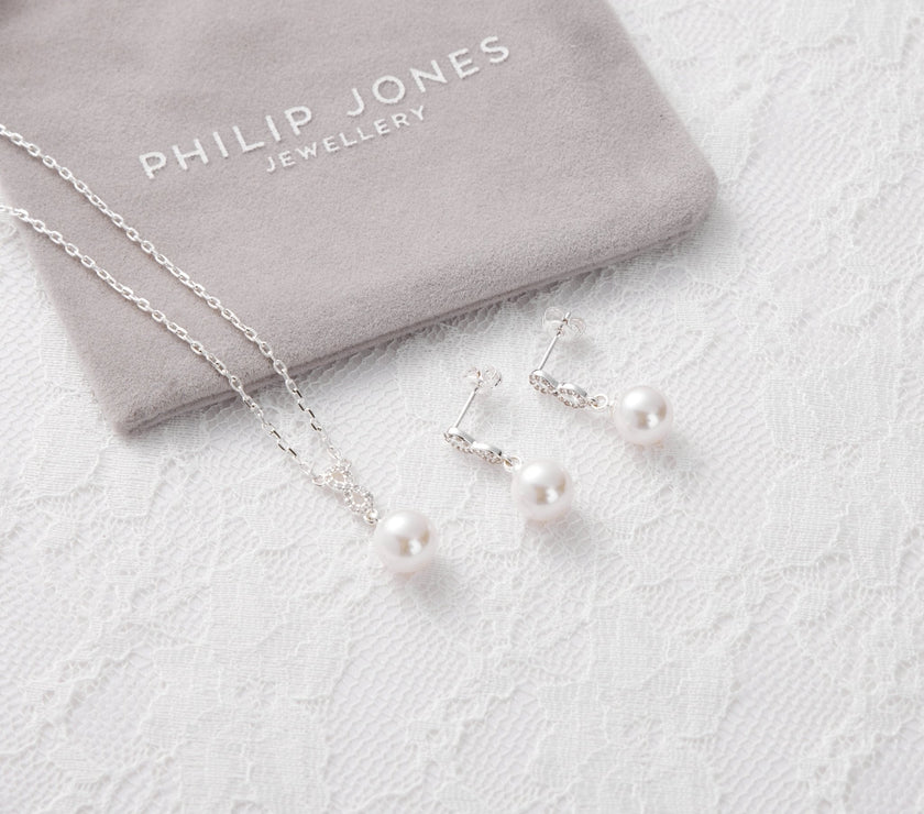 Silver Plated I Couldn't Say I Do Without You Infinity Pearl Drop Set with Zircondia® Crystals