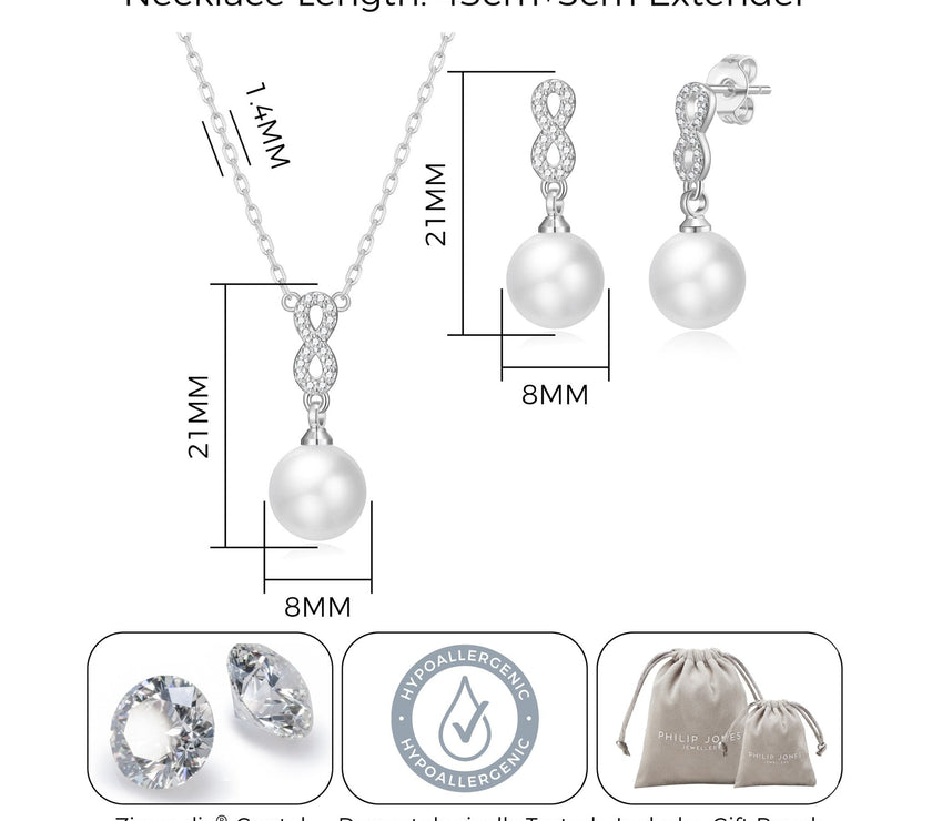 Silver Plated I Couldn't Say I Do Without You Infinity Pearl Drop Set with Zircondia® Crystals