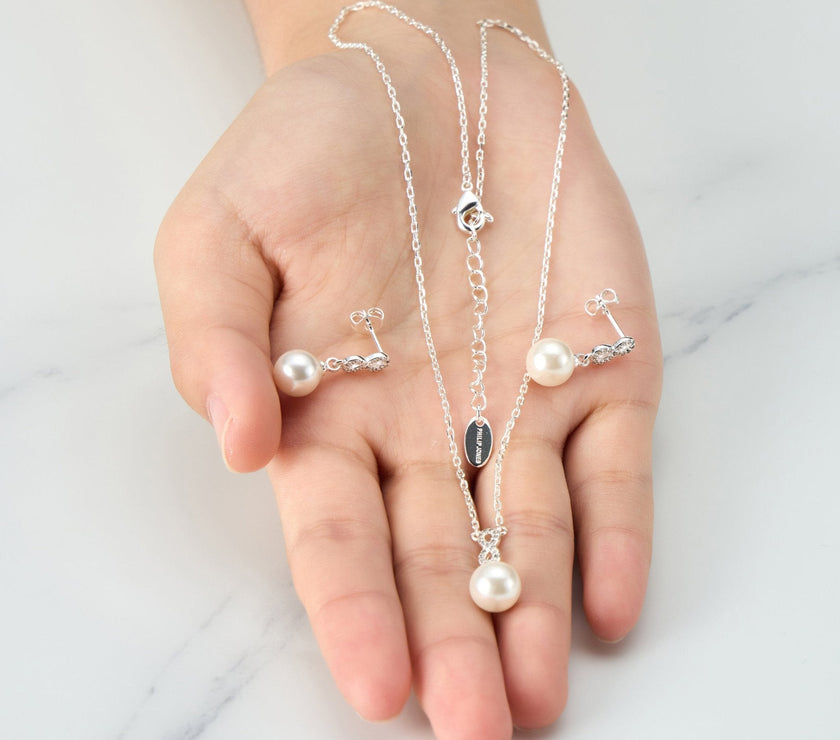 Silver Plated I Couldn't Say I Do Without You Infinity Pearl Drop Set with Zircondia® Crystals