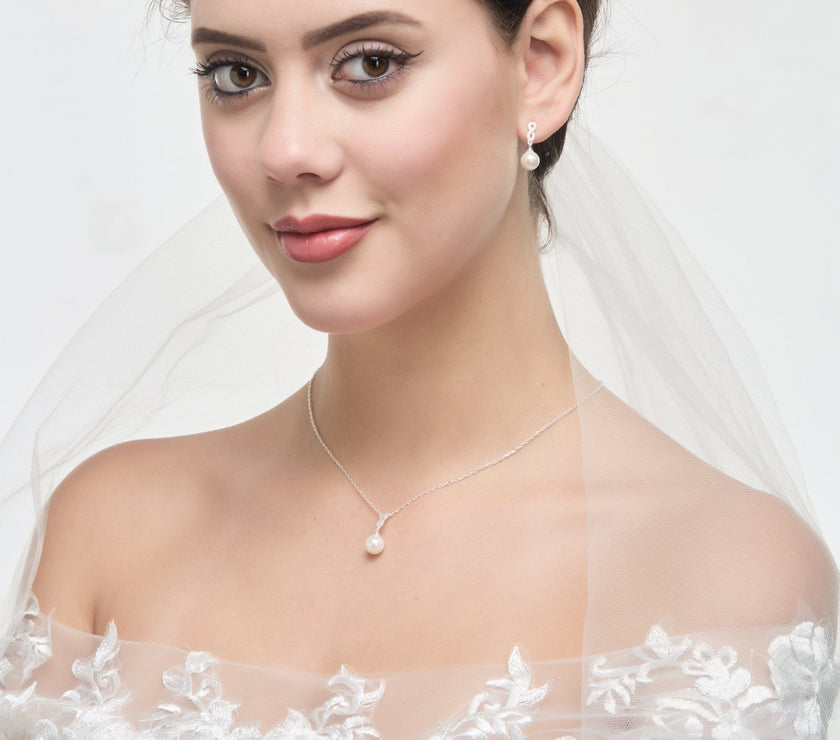 Silver Plated I Couldn't Say I Do Without You Infinity Pearl Drop Set with Zircondia® Crystals