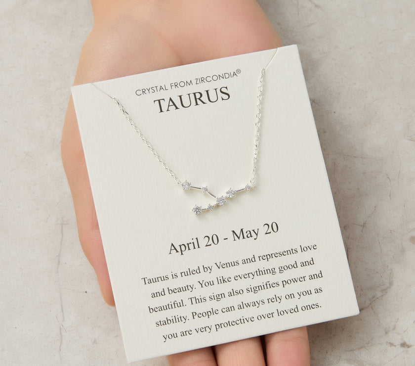 Taurus Star Sign Zodiac Constellation Necklace and Quote Card with Zircondia® Crystals