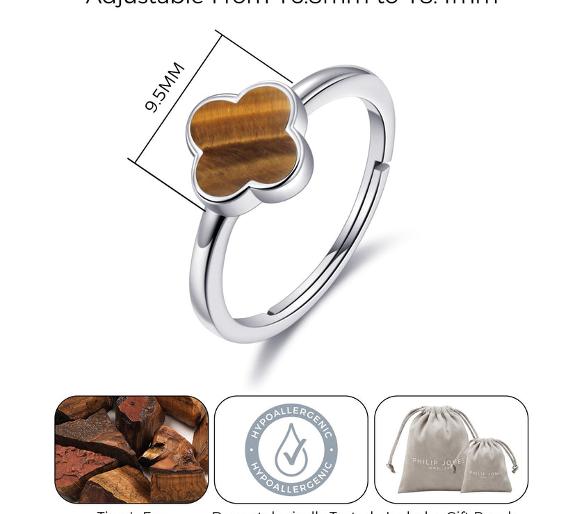 Tigers Eye Gemstone Adjustable Clover Ring
