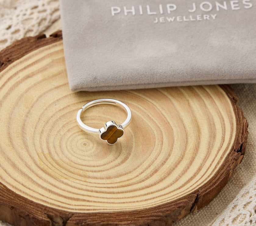 Tigers Eye Gemstone Adjustable Clover Ring