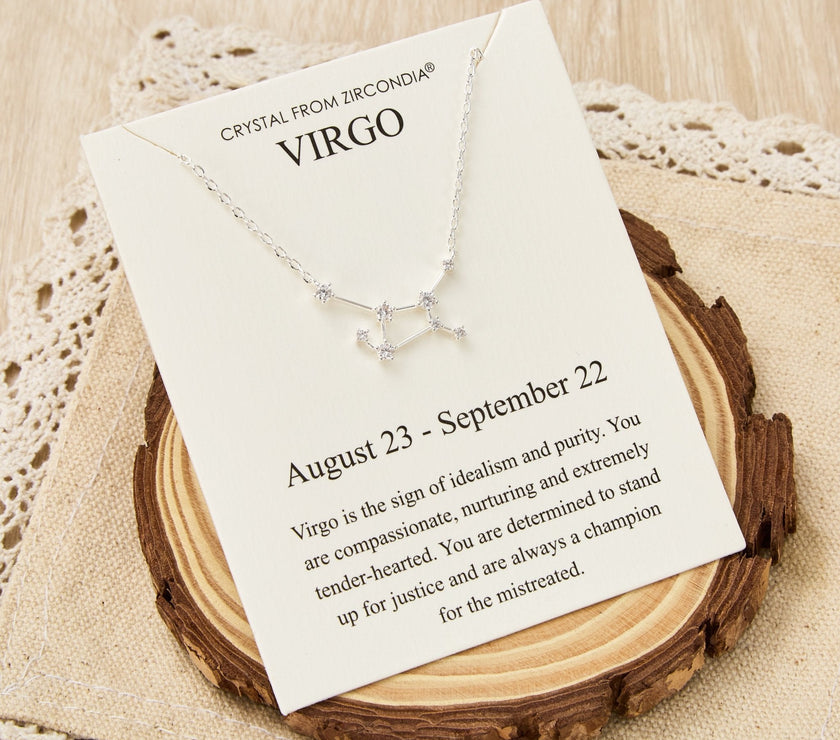 Virgo Star Sign Zodiac Constellation Necklace and Quote Card with Zircondia® Crystals