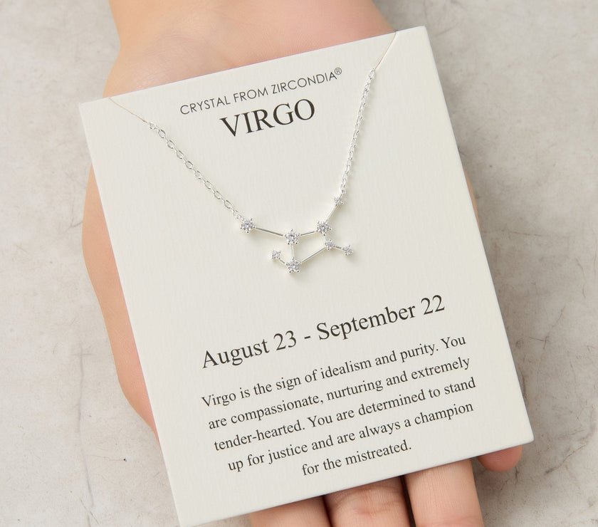 Virgo Star Sign Zodiac Constellation Necklace and Quote Card with Zircondia® Crystals